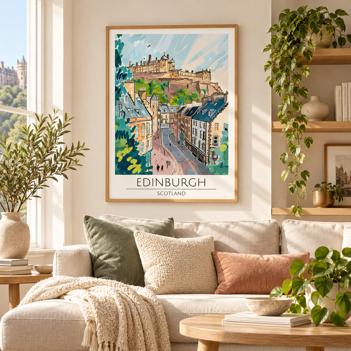 A framed art print of Edinburgh, Scotland, hanging on a beige wall above a modern sofa in a styled living room. The print features a colorful, hand-drawn illustration of the city's skyline with the text 'EDINBURGH SCOTLAND' at the bottom.