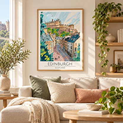 A framed art print of Edinburgh, Scotland, hanging on a beige wall above a modern sofa in a styled living room. The print features a colorful, hand-drawn illustration of the city's skyline with the text 'EDINBURGH SCOTLAND' at the bottom.