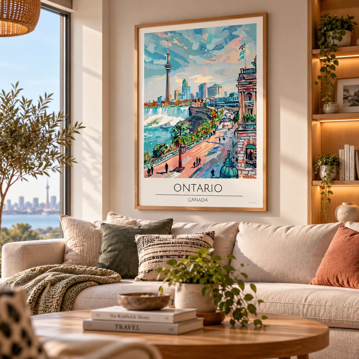 Ontario Canada travel poster featuring a colourful illustrated skyline, turquoise waterfront and pastel architecture in a light oak frame.