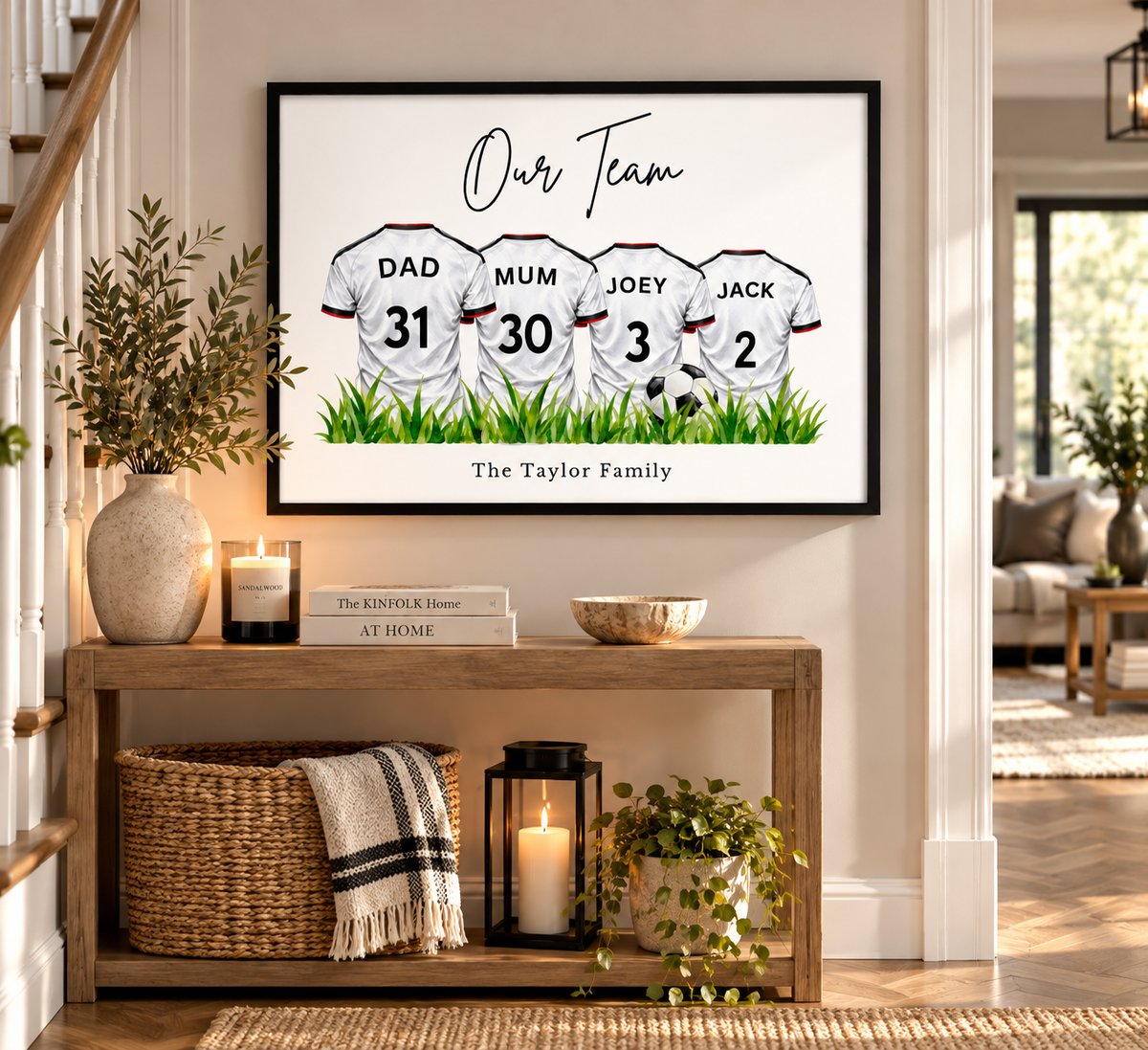 Personalised Fulham inspired family football print with four white football shirts, custom names and numbers, Our Team heading and Taylor Family wording in black frame