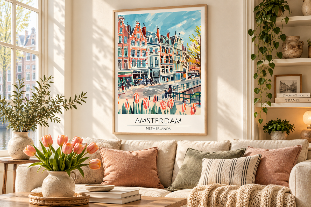 A framed Amsterdam travel poster hangs on a beige wall above a sofa in a styled living room. The poster depicts colorful canal houses and tulips in Amsterdam, with the text 'AMSTERDAM NETHERLANDS' at the bottom.