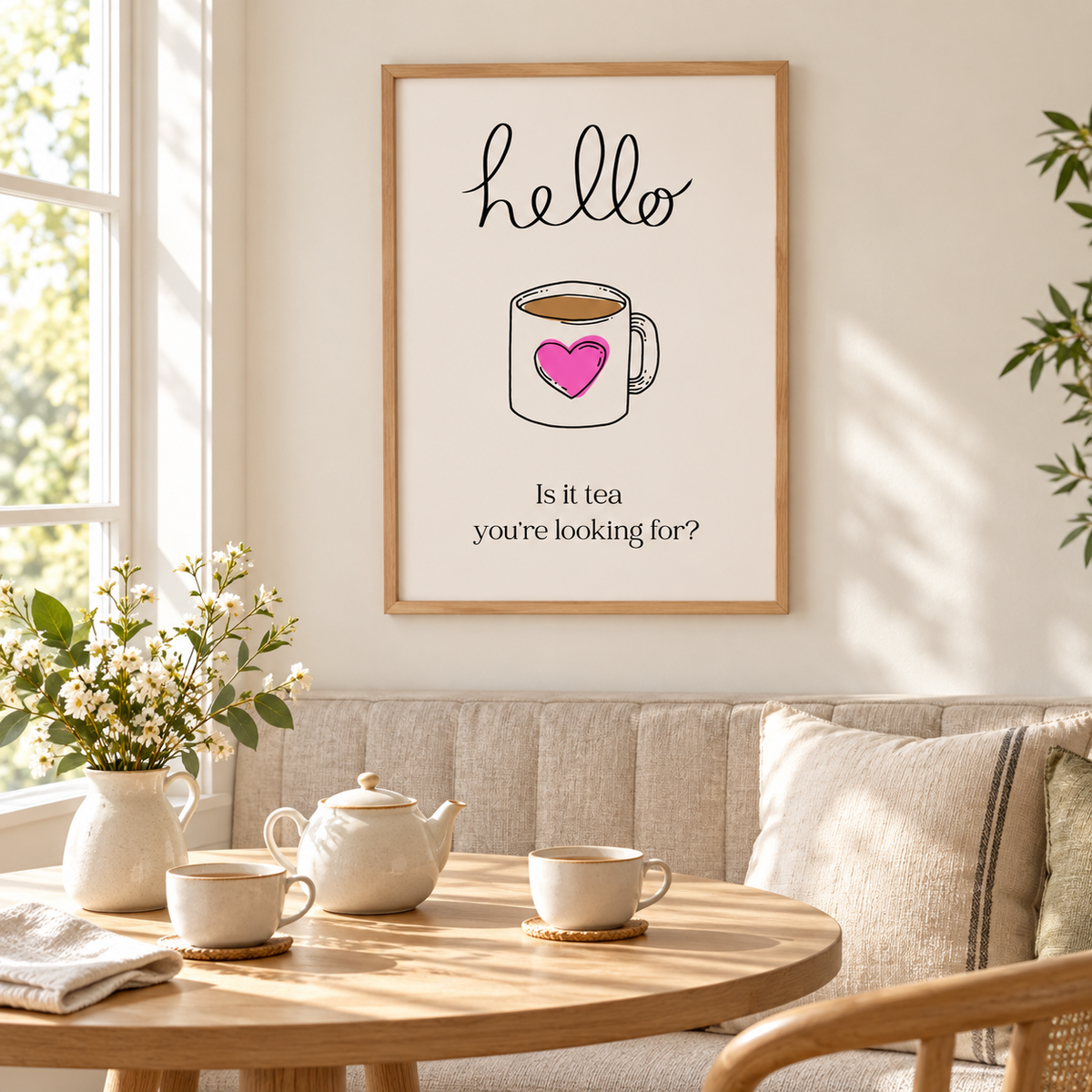 A framed wall art print hanging above a sofa in a bright, sunlit living room. The print features the word 'hello' above a mug with a pink heart and the text 'Is it tea you're looking for?'.