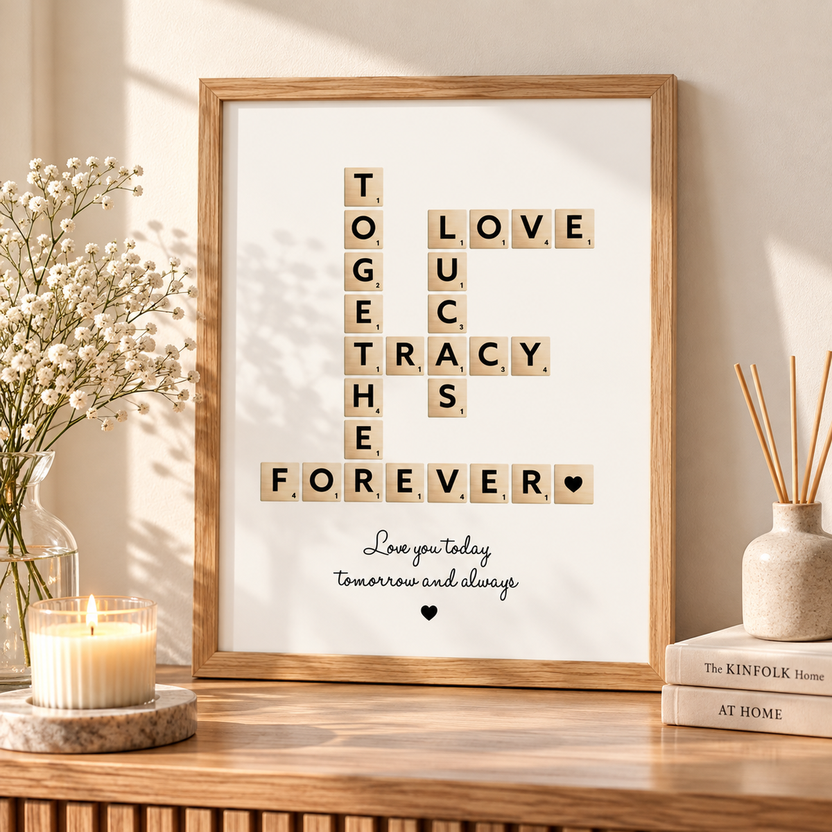 Romantic personalised Scrabble-style wall art with wooden letter tiles spelling Together Love and Forever