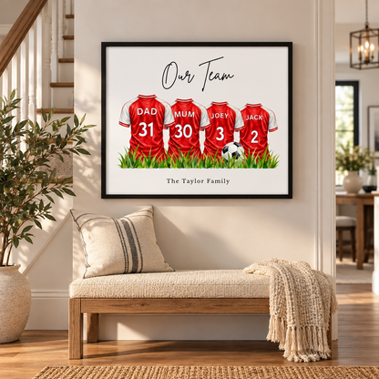 Personalised red and white family football print with custom shirt names and family surname in hallway.