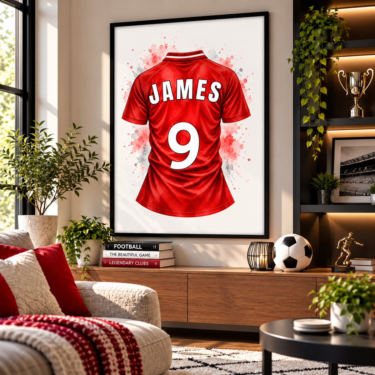Personalised red football shirt wall art displayed in a modern football themed gaming bedroom with custom name JAMES and number 9