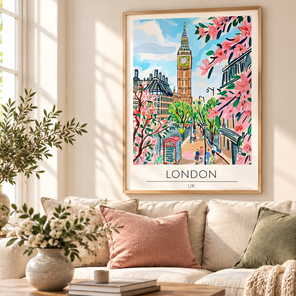 A framed colorful travel poster of London, featuring Big Ben and pink blossoms, hanging on a beige wall above a sofa with pink and green pillows in a bright, modern living room.