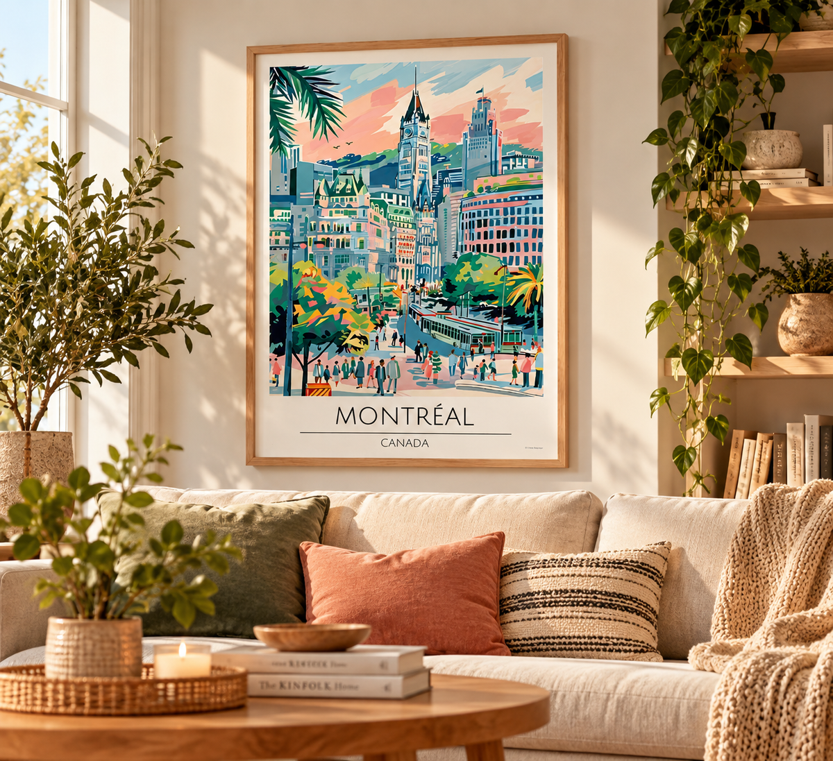 Montreal Canada travel poster print featuring colourful vintage cityscape illustration and historic architecture