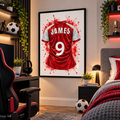 Arsenal inspired custom name and number football print displayed in modern kids gaming room.