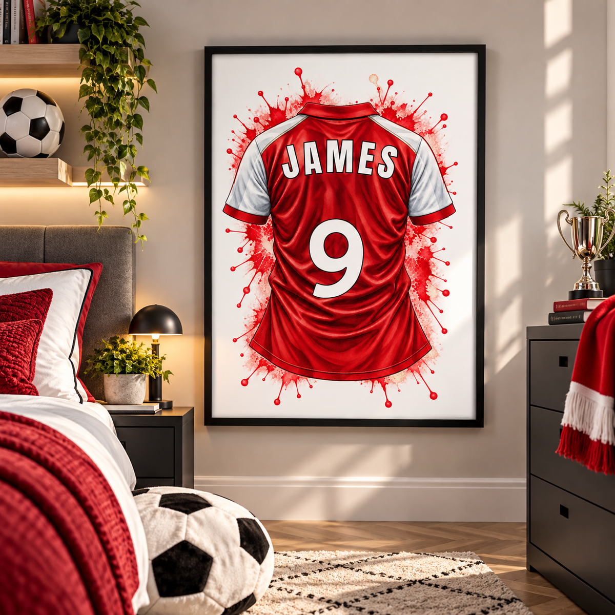 Personalised red and white football shirt wall art displayed in bright football-themed children's bedroom.