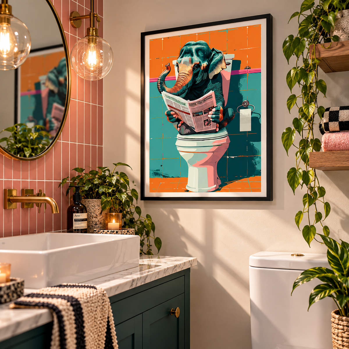 A framed pop-art print of an elephant reading on a toilet, styled on a bathroom wall above a vanity with plants and warm lighting.
