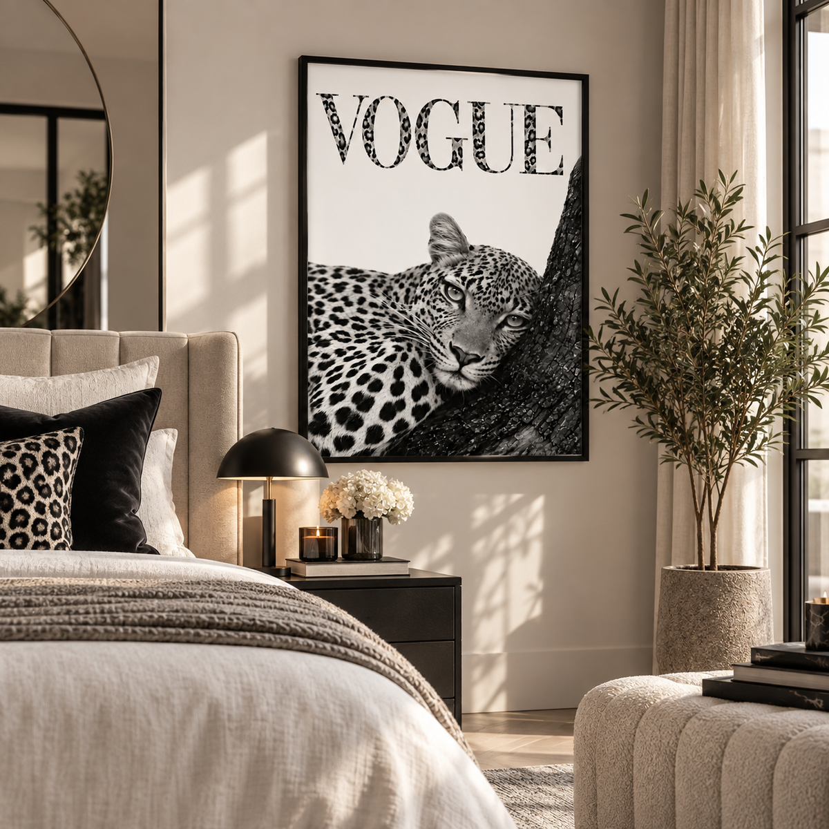 A framed black and white Vogue poster featuring a leopard print hangs on a beige wall above a bed in a modern, sunlit bedroom. The room includes a black nightstand with a lamp and flowers, a large potted plant, and a textured ottoman.
