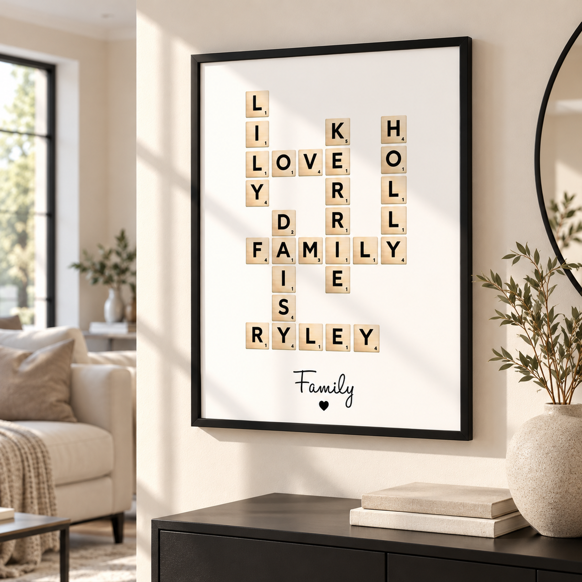 Personalised family names print styled in a modern hallway, sentimental Scrabble style family wall art gift