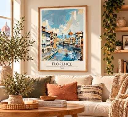 Florence Italy vintage travel poster featuring Ponte Vecchio bridge, River Arno and colourful Tuscan cityscape illustration