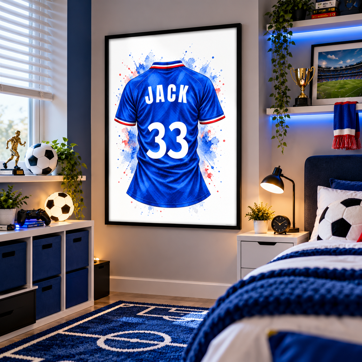 Personalised Glasgow Rangers inspired football shirt print featuring royal blue watercolour jersey with JACK name and number 33 in black frame