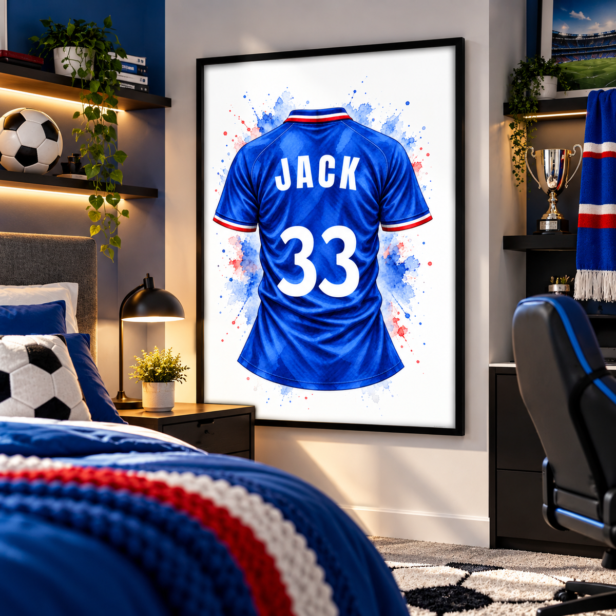Personalised Glasgow Rangers inspired football shirt print featuring royal blue watercolour jersey with JACK name and number 33 in black frame