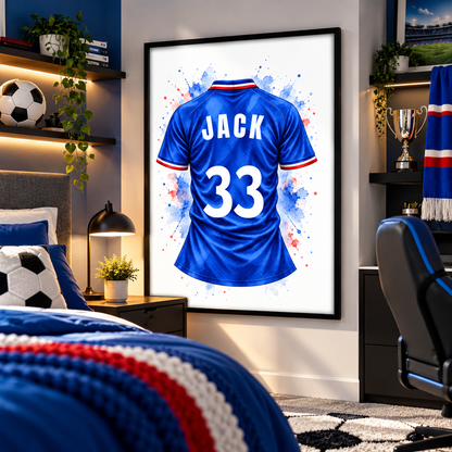 Personalised Glasgow Rangers inspired football shirt print featuring royal blue watercolour jersey with JACK name and number 33 in black frame