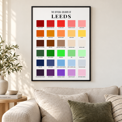 A framed poster titled 'THE OFFICIAL COLOURS OF LEEDS' hangs on a beige wall above a sofa. The print shows a grid of many color swatches in reds, oranges, yellows, greens, blues, purples, and pinks, with text labels beneath each swatch.