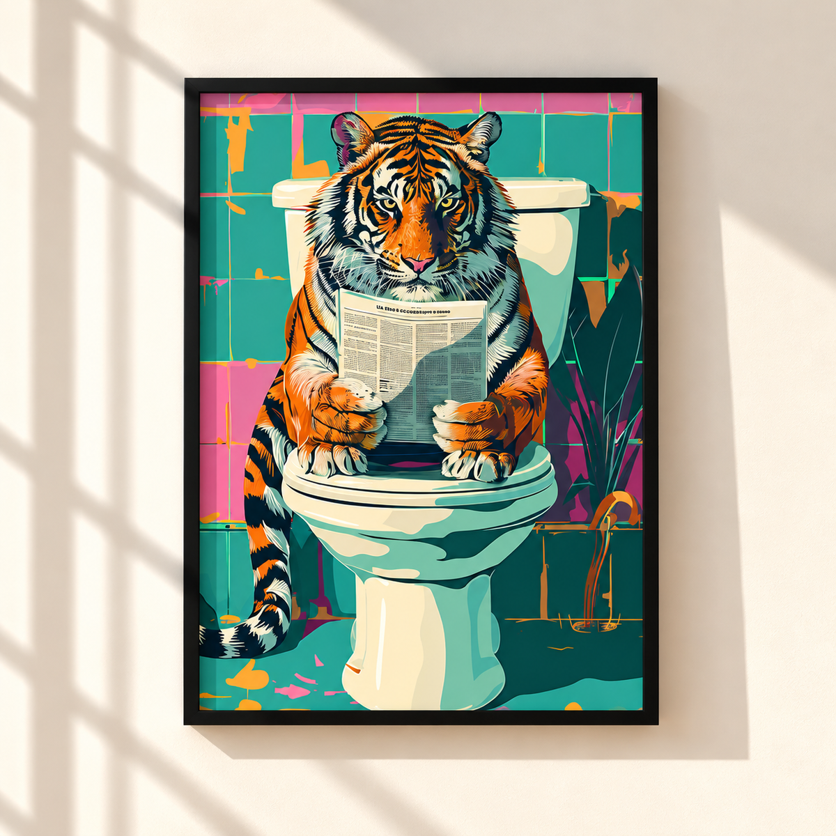 A framed pop-art style print showing a tiger sitting on a toilet and reading a newspaper, mounted on a beige wall with soft window-shadow lighting.