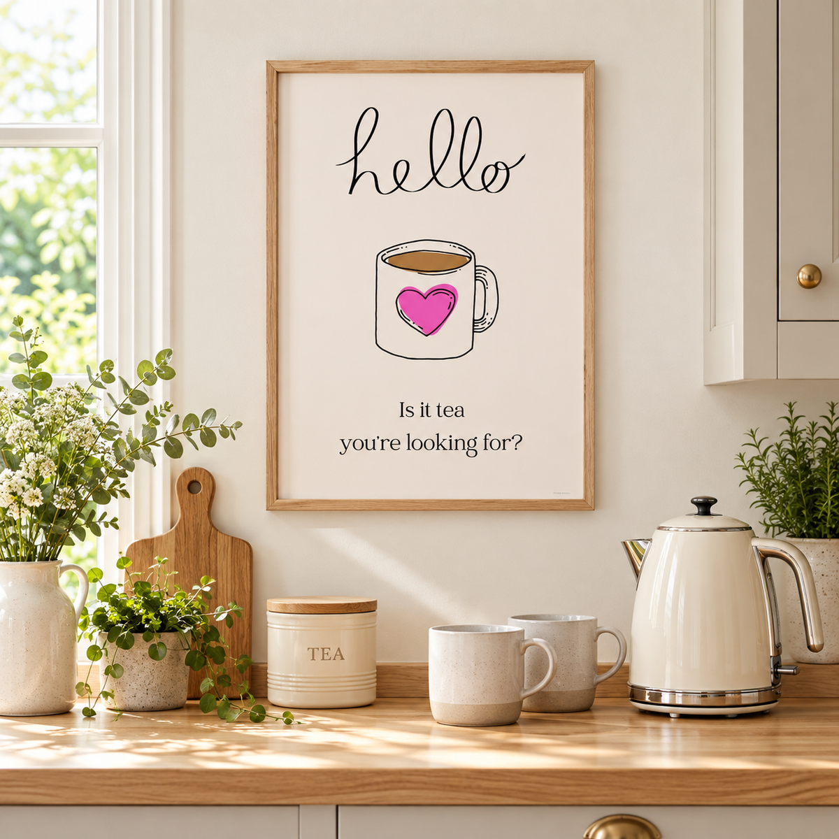 A framed wall art print hanging above a kitchen counter, featuring the word 'hello' and a mug with a pink heart and the text 'Is it tea you're looking for?'. The scene includes a cream kettle, mugs, plants, and a wooden cutting board in a bright kitchen setting.
