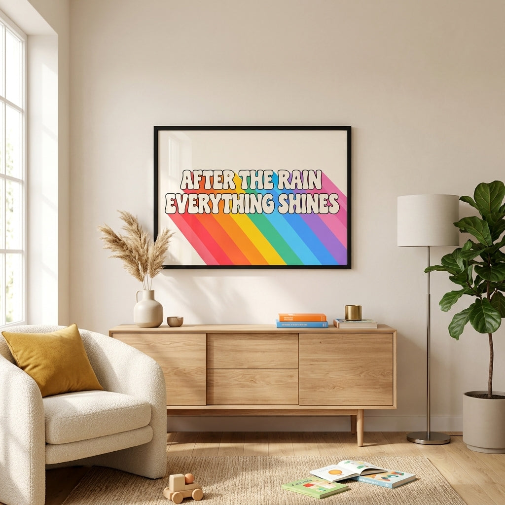 A framed art print with the text 'AFTER THE RAIN EVERYTHING SHINES' and a rainbow design, displayed on a beige wall in a modern living room setting above a wooden sideboard.