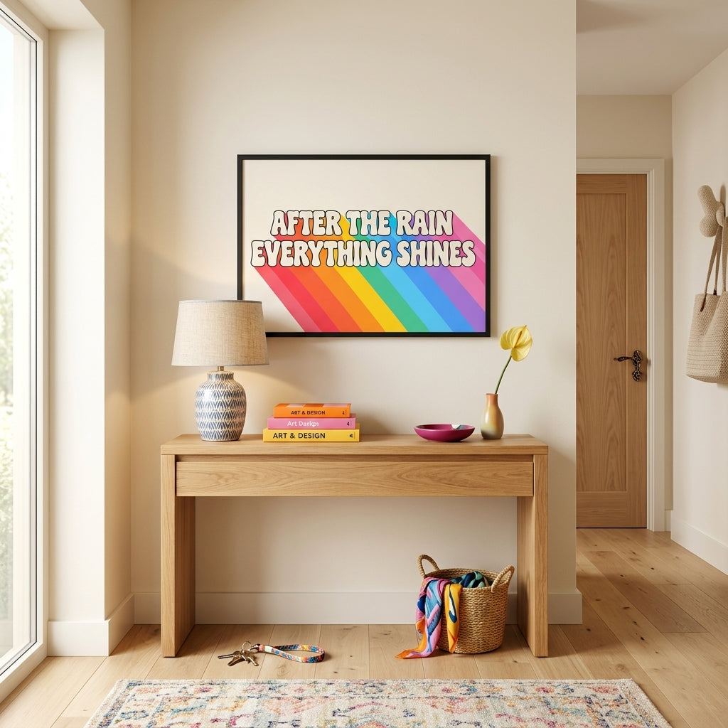 A framed art print with a colorful rainbow background and the text 'AFTER THE RAIN EVERYTHING SHINES' hangs on a beige wall above a light wood console table in a bright, modern room.
