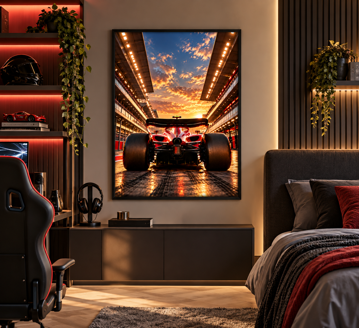 Red grand prix racing car wall print styled in a contemporary living room interior