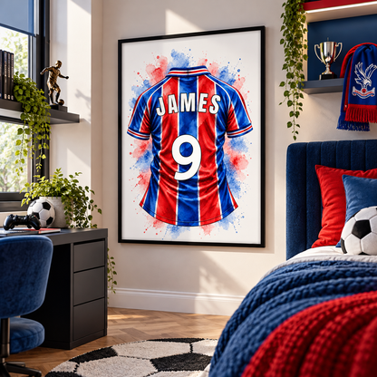 Personalised red and blue football shirt wall art displayed in a bright football themed children's bedroom