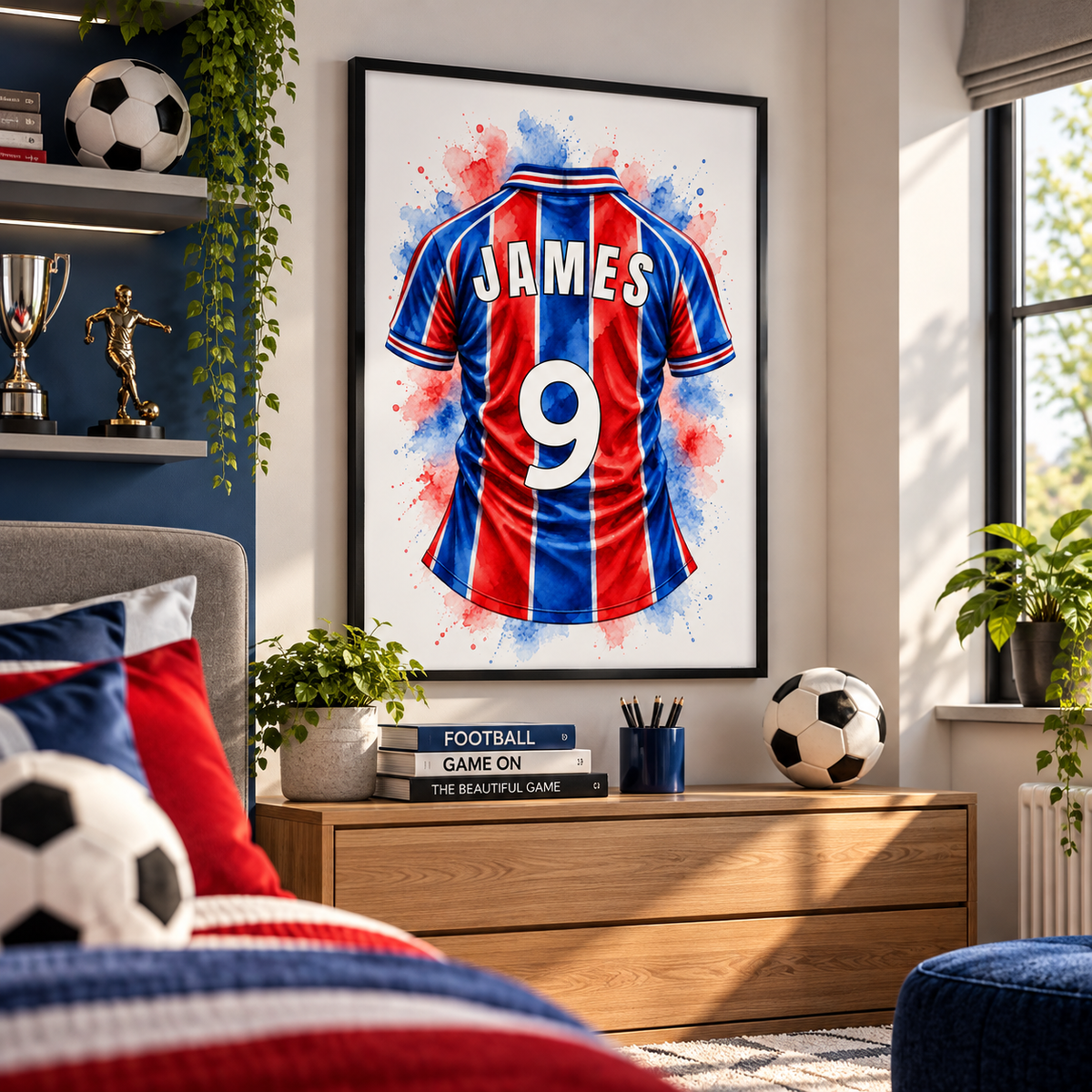 Custom name and number football shirt poster displayed in a modern kids gaming room with football themed decor