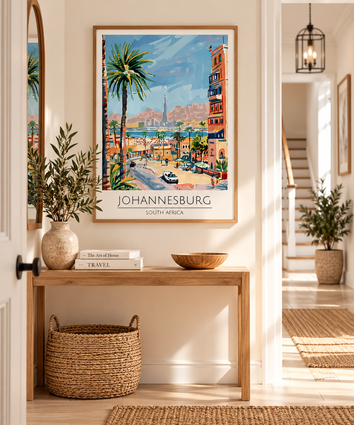 Johannesburg travel poster featuring South African city scenery, palm trees and colourful buildings styled in a bright contemporary hallway.