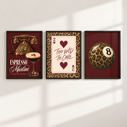 Three framed wall art prints displayed side by side on a light wall with soft window-shadow lighting. The left print shows a vintage gold telephone and an espresso martini glass on a dark red background with the text 'ESPRESSO Martini'.