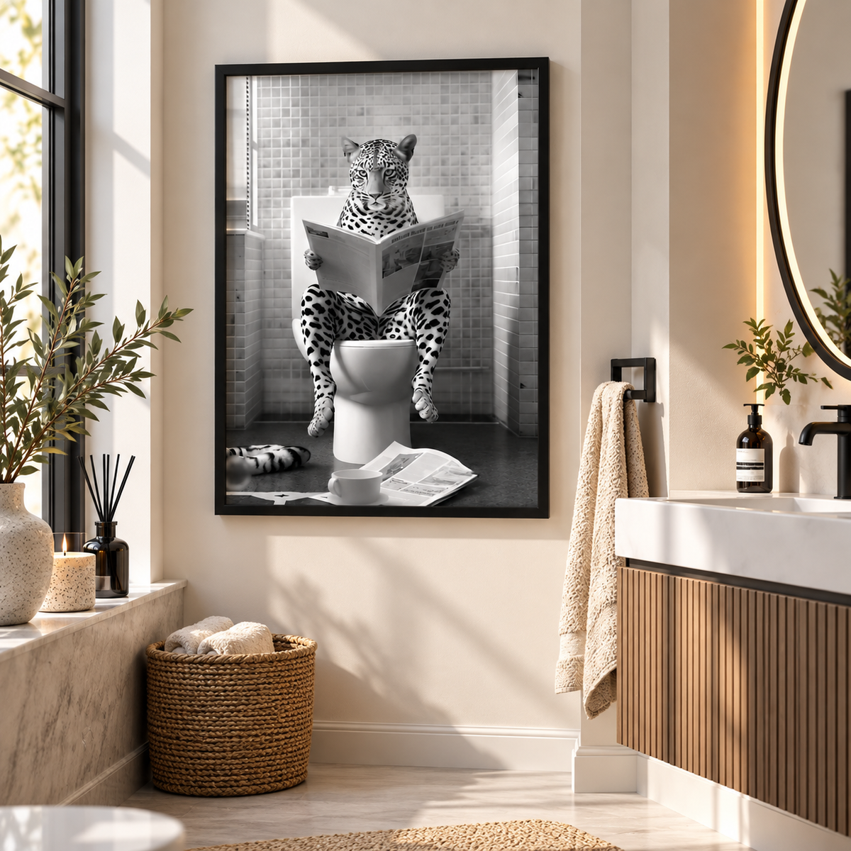 A black-framed black and white wall art print depicting a leopard sitting on a toilet and reading a newspaper, displayed in a modern, sunlit bathroom next to a sink and towels.