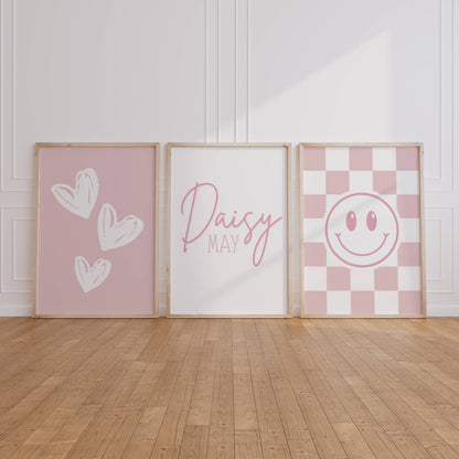 Set of 3 Girls Pink Personalised Bedroom Prints