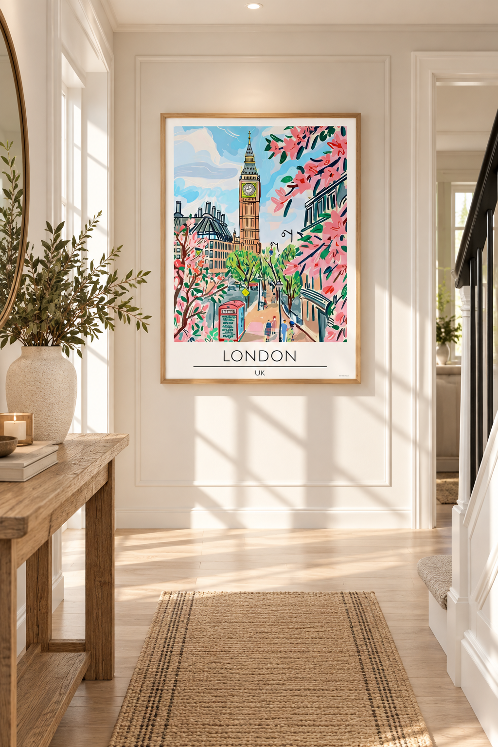 A framed travel poster of London hangs on a white wall in a bright, modern hallway. The poster features a colorful illustration of Big Ben, London Bridge, and pink blossoms, with 'LONDON UK' printed at the bottom.