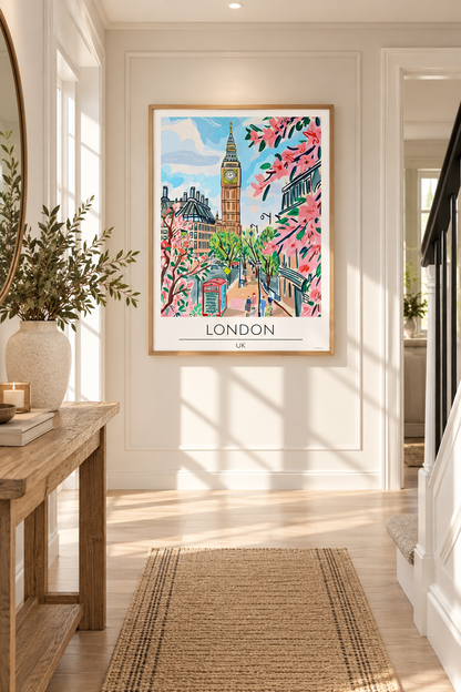 A framed travel poster of London hangs on a white wall in a bright, modern hallway. The poster features a colorful illustration of Big Ben, London Bridge, and pink blossoms, with 'LONDON UK' printed at the bottom.