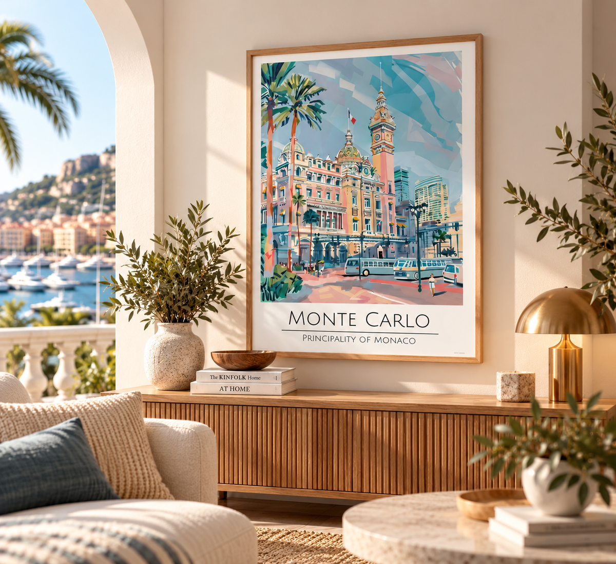 A framed travel poster of Monte Carlo, Principality of Monaco, displayed on a wooden console table in a beautifully styled living room with a sofa, plants, and a gold lamp.