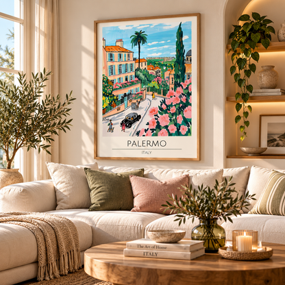Palermo Sicily wall art print displayed in a bright neutral living room with colourful Italian travel poster decor.