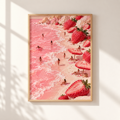 A framed art print depicting a whimsical pink beach scene with strawberries, beach umbrellas, and tiny people in the water, hung on a light beige wall with soft window shadows.