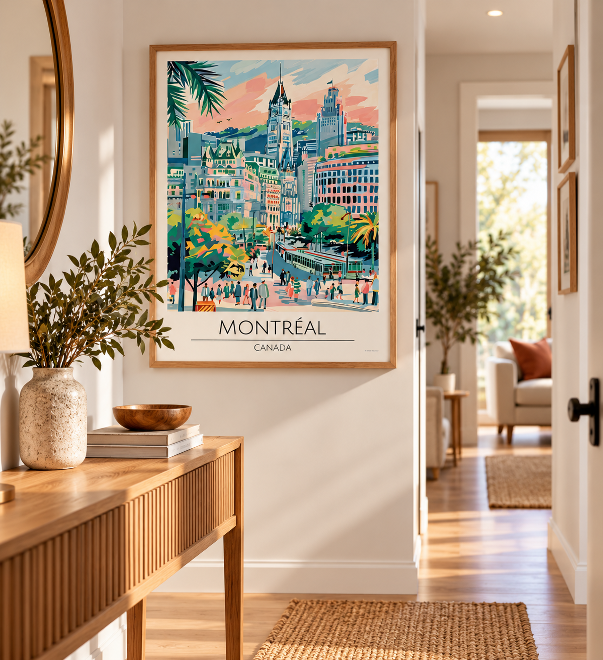 Montreal Canada travel poster print featuring colourful vintage cityscape illustration and historic architecture