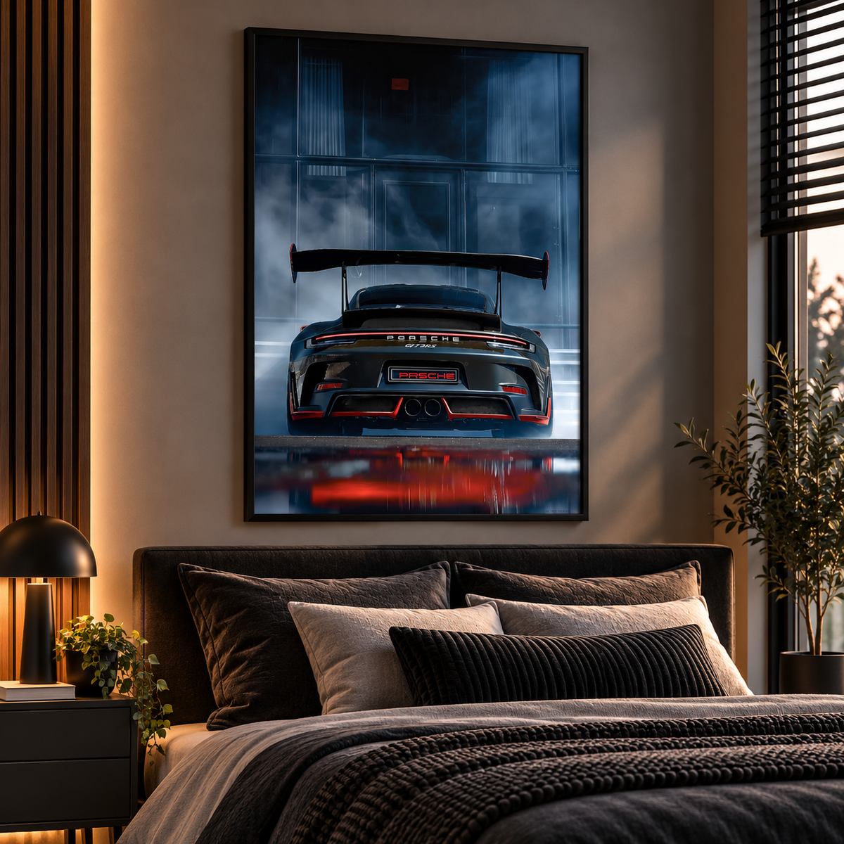 A framed vertical wall art print showing the rear view of a dark sports car in a moody blue-toned setting, displayed above a bed in a modern bedroom.