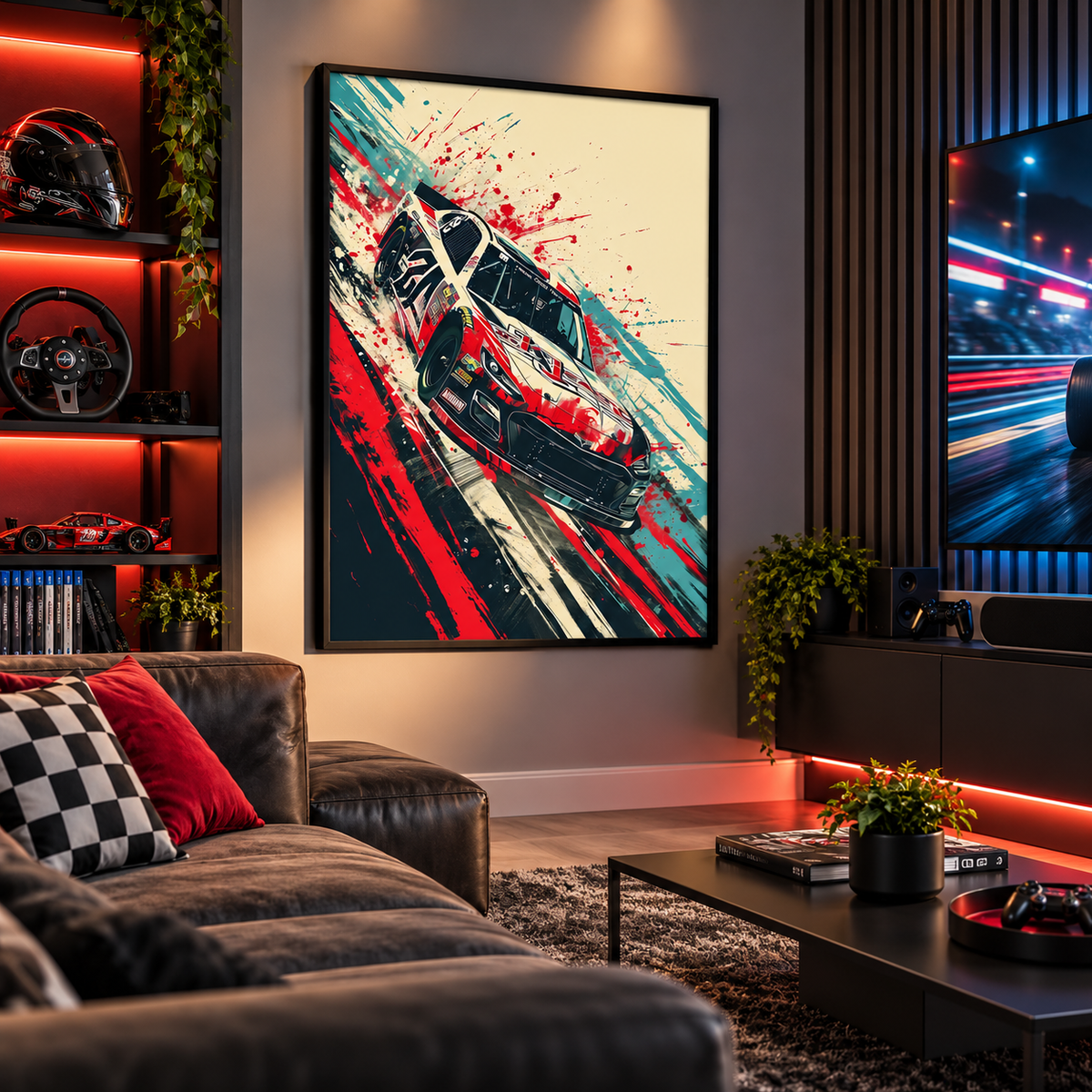 Colourful abstract rally car poster displayed in a modern gaming room with contemporary furniture and motorsport-inspired decor.