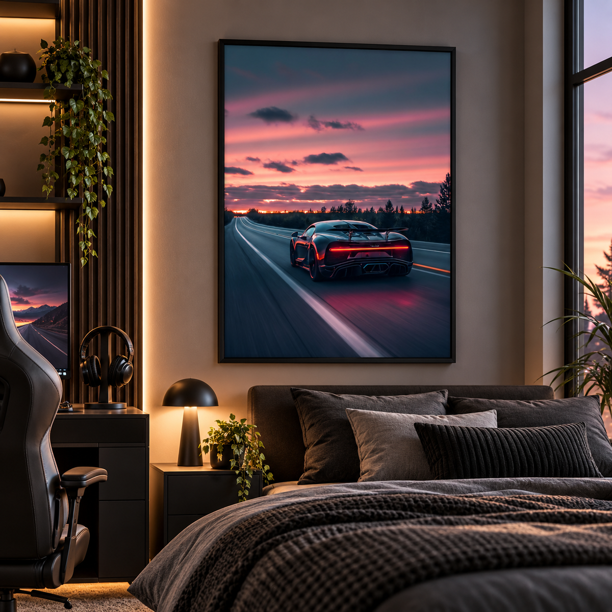 A framed wall art print showing a red sports car on a highway at sunset, displayed above a bed in a modern bedroom setting.