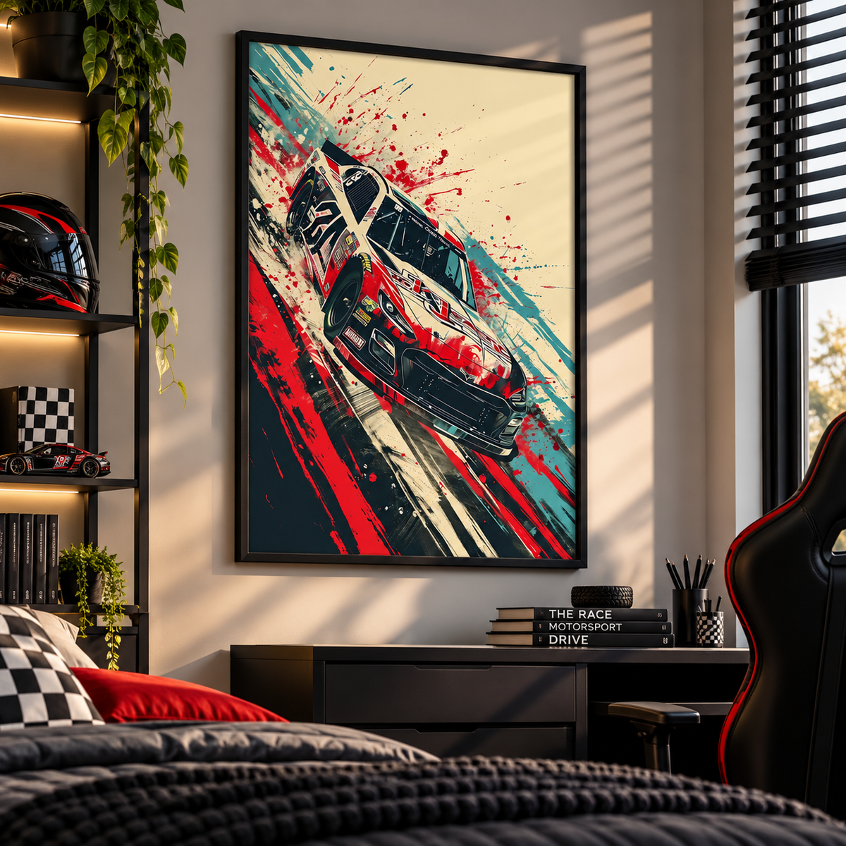 A framed vertical art print featuring a stylized red, white, and black race car with paint splatters, displayed on a wall in a modern bedroom setting.
