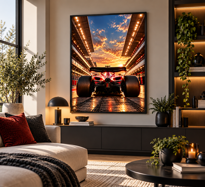 Motorsport wall art featuring a red formula race car in modern gaming bedroom decor