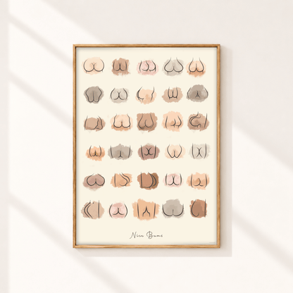 Nice Bums funny bathroom wall art print with neutral watercolour bum illustrations displayed in a slim natural oak frame