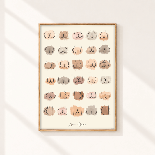 Nice Bums funny bathroom wall art print with neutral watercolour bum illustrations displayed in a slim natural oak frame