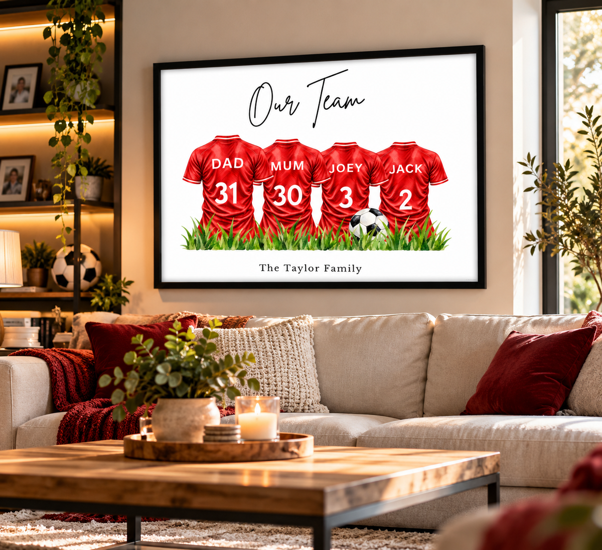 Personalised Liverpool inspired family football print featuring four red football shirts with custom names and numbers in black frame