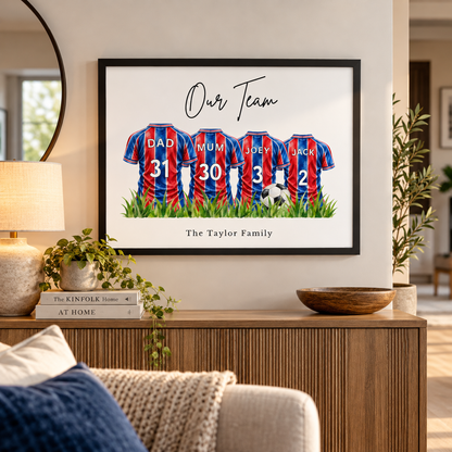 Personalised red and blue football family wall art displayed in a bright modern living room
