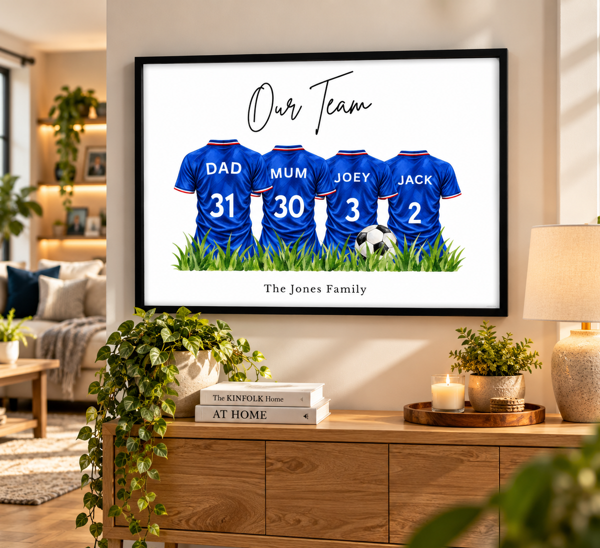Personalised Glasgow Rangers inspired family football print with four royal blue shirts, custom names and numbers, framed football wall art