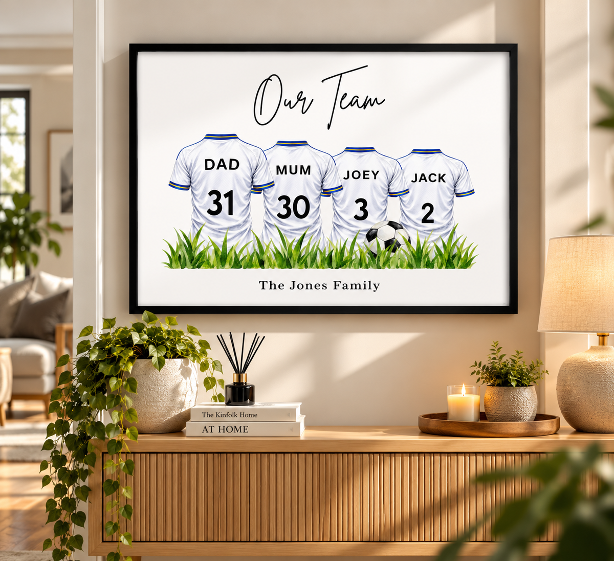 Personalised Leeds football family wall art displayed in a modern living room with custom football shirt names and family wording