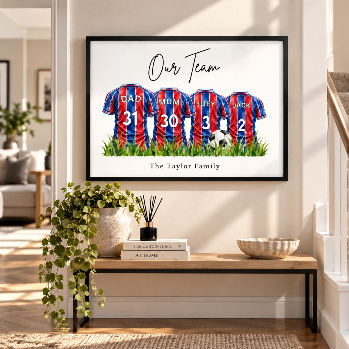 Custom family football shirt print featuring personalised names and numbers displayed in a family home